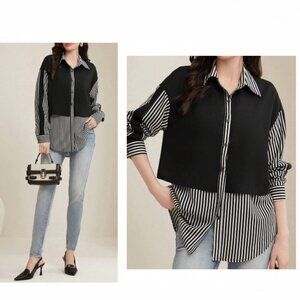 NEW Black White Striped Layered Button-down Shirt Large